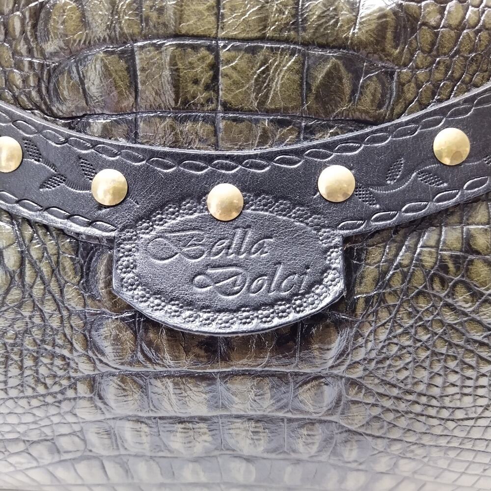 Bella Dolci Gray Leather Crocodile Embossed Studded Flap Closure Shoulder Bag - Picture 3 of 10